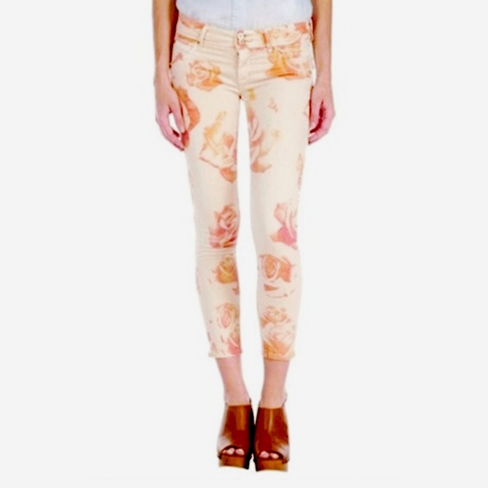 Hudson Collin Pink and Cream Floral Print Skinny Crop Jeans. size 28